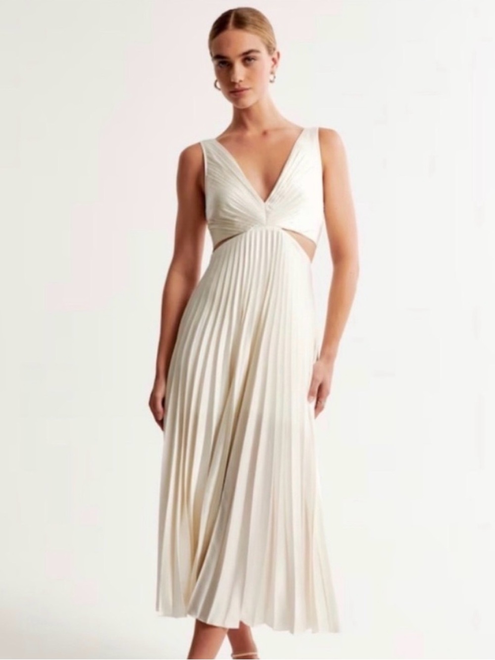 Abercrombie & Fitch Cream Pleated Midi Dress with V-Neck & Side Cutouts